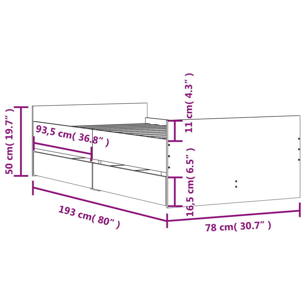 Bedframe sonoma eikenkleurig 75x190 cm Small Single is nu te koop bij PeponiXL, paradijselijk wonen!