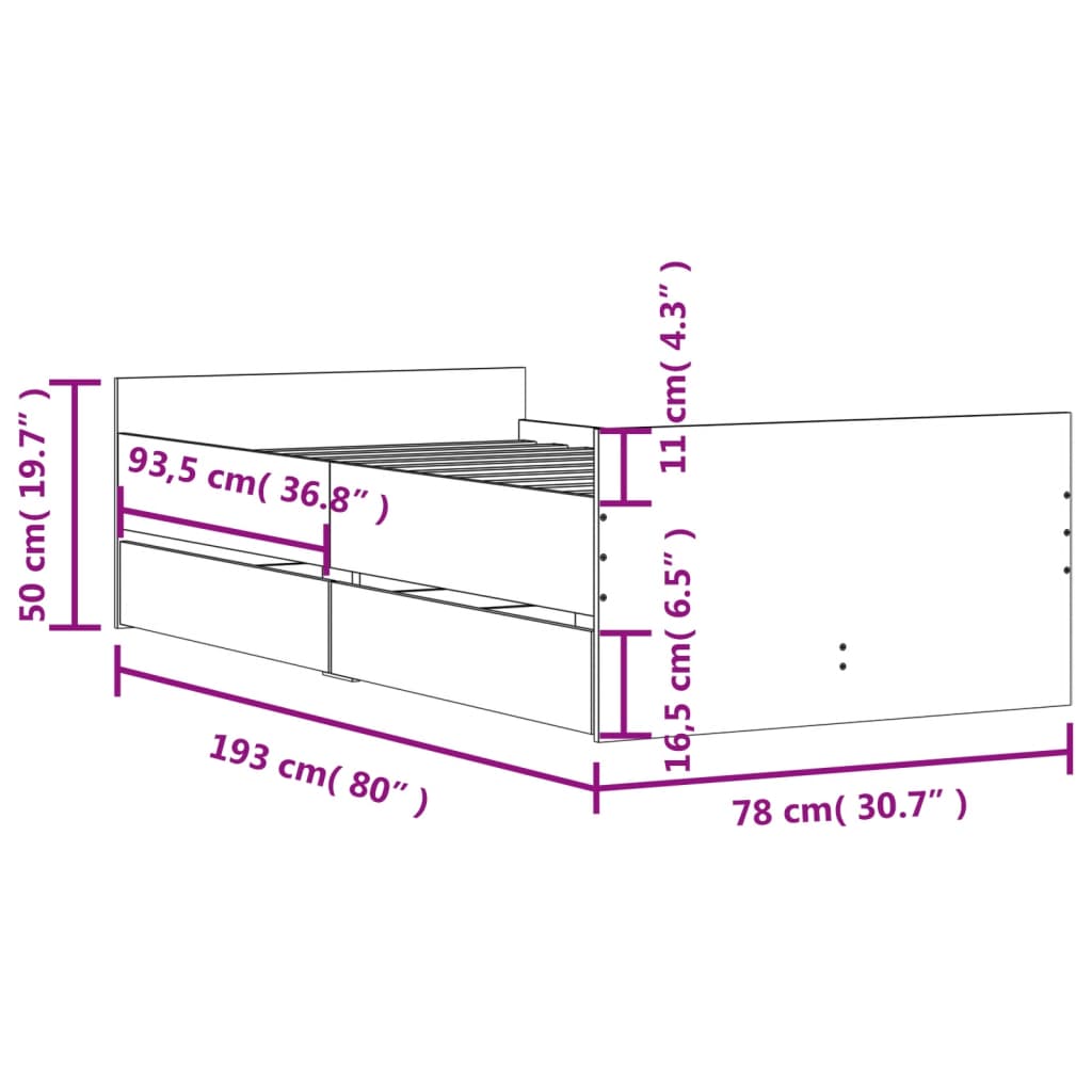 Bedframe met lades bruin eikenkleur 75x190 cm Small Single is nu te koop bij PeponiXL, paradijselijk wonen!