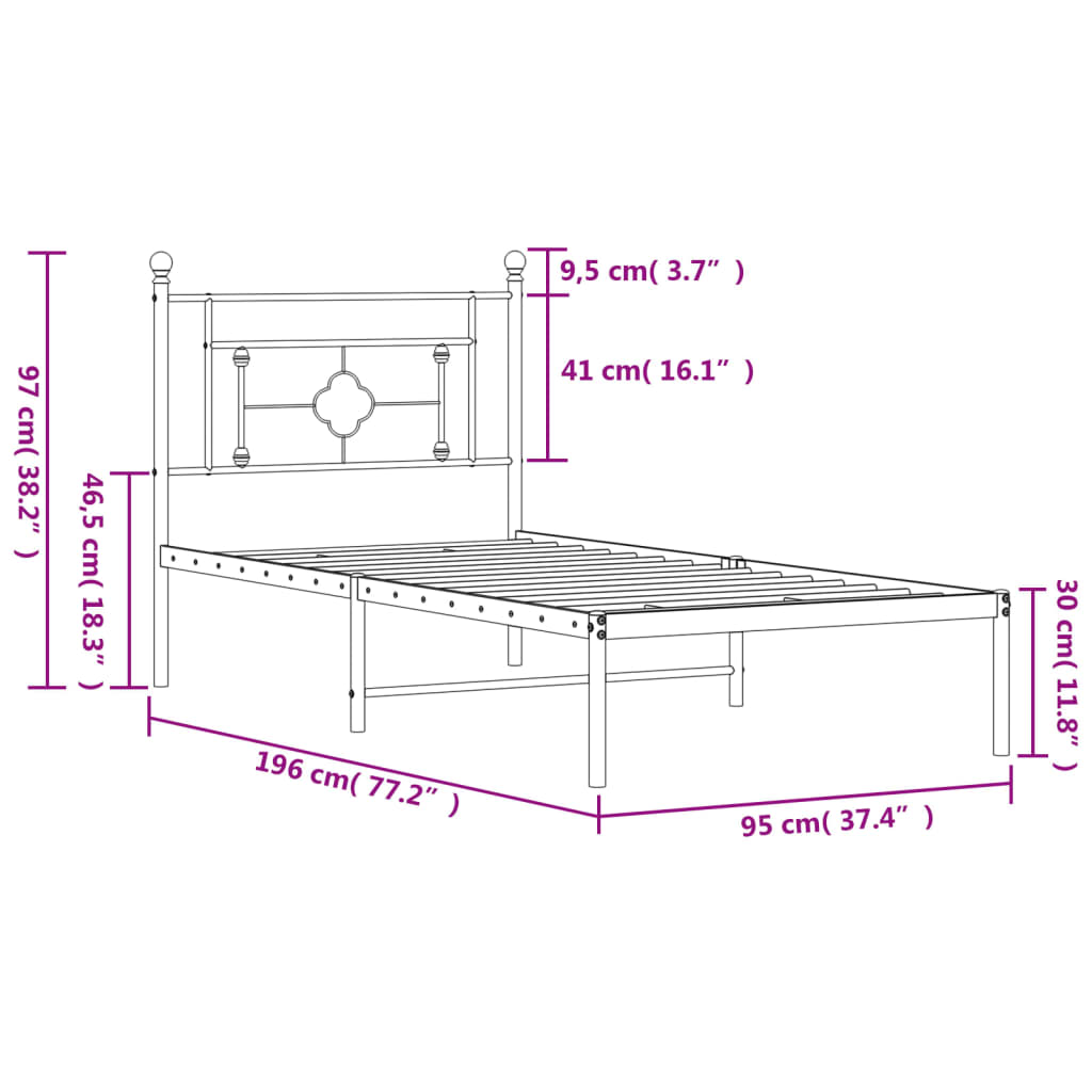 Bedframe met hoofdbord metaal zwart 90x190 cm is nu te koop bij PeponiXL, paradijselijk wonen!
