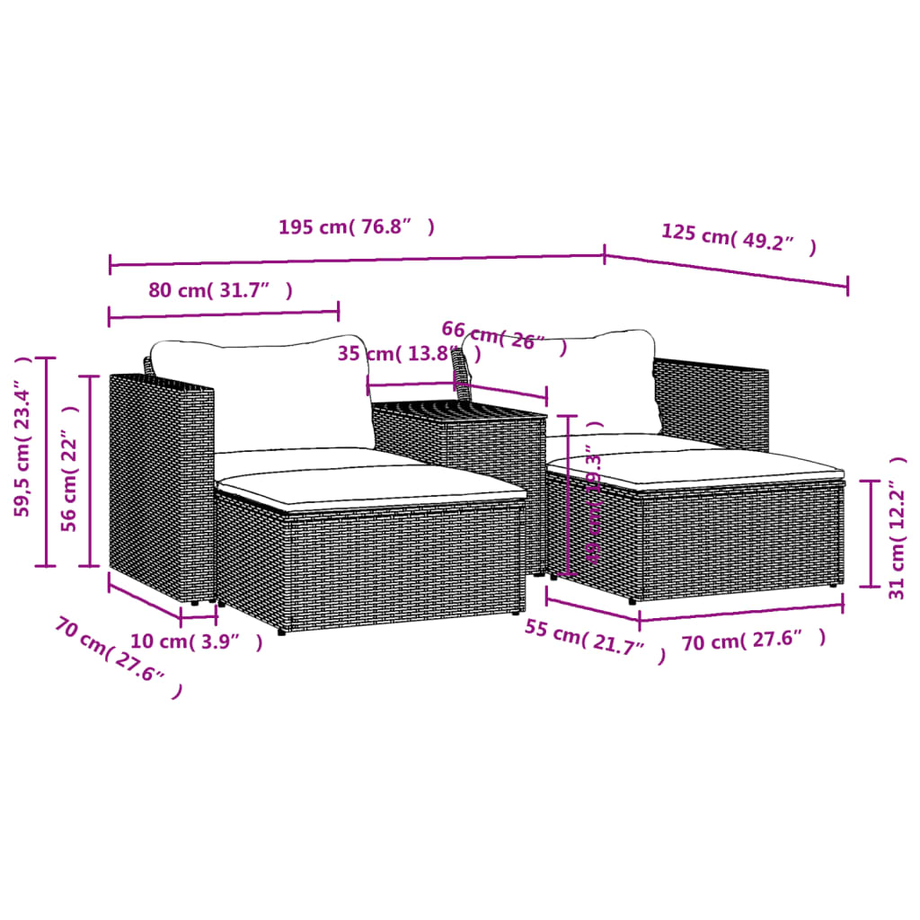 5-delige Loungeset met kussens poly rattan acacia zwart is nu te koop bij PeponiXL, paradijselijk wonen!