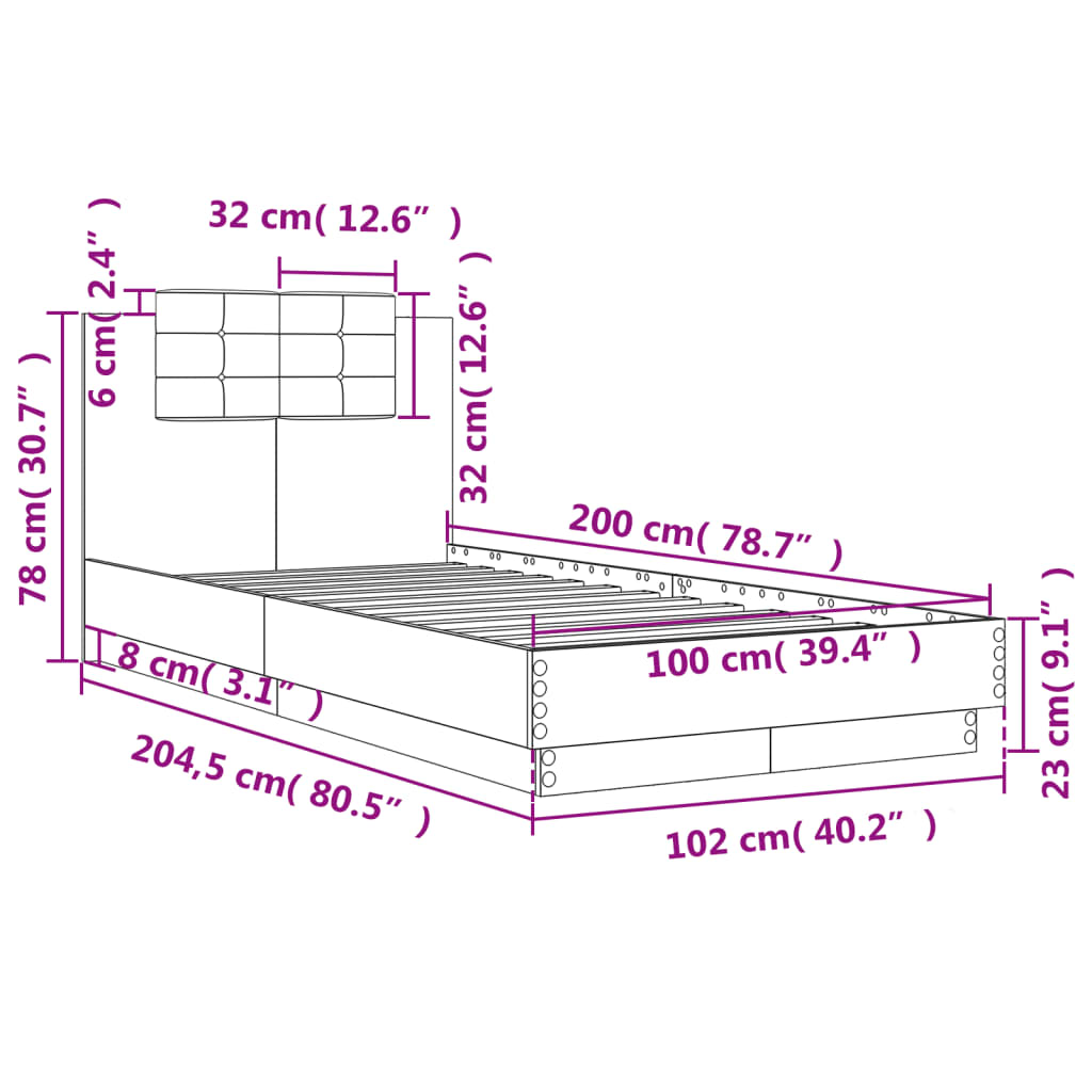 Bedframe met hoofdeinde bewerkt hout grijs sonoma 100x200 cm is nu te koop bij PeponiXL, paradijselijk wonen!