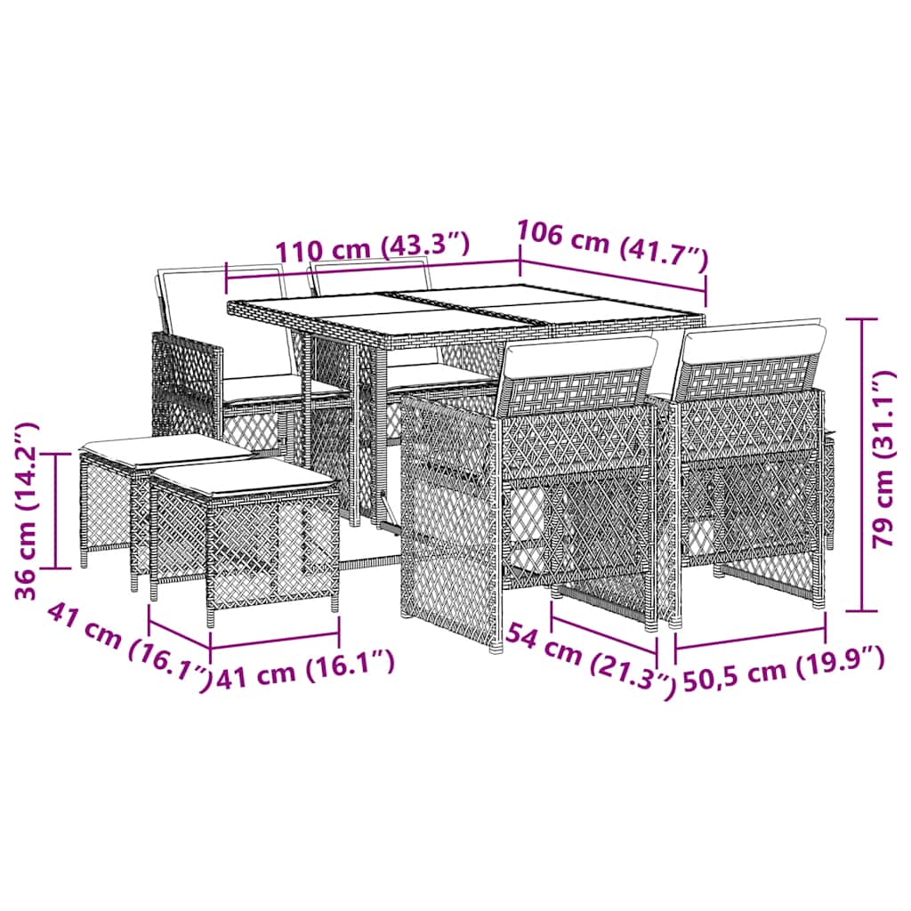 9-delige Tuinset met kussens poly rattan beige