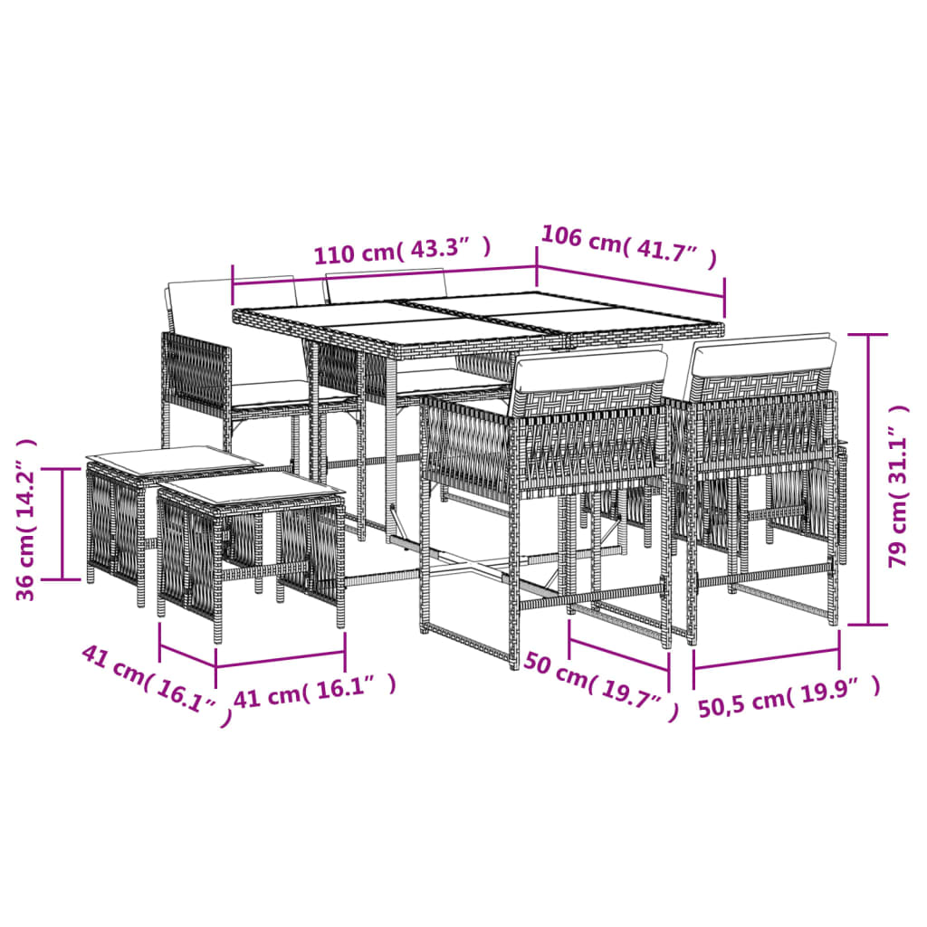 9-delige Tuinset met kussens poly rattan grijs is nu te koop bij PeponiXL, paradijselijk wonen!