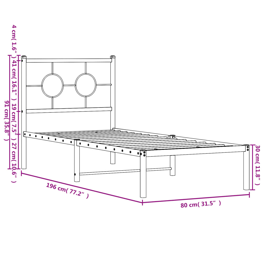 Bedframe met hoofdbord zonder matras metaal wit 75x190 cm is nu te koop bij PeponiXL, paradijselijk wonen!
