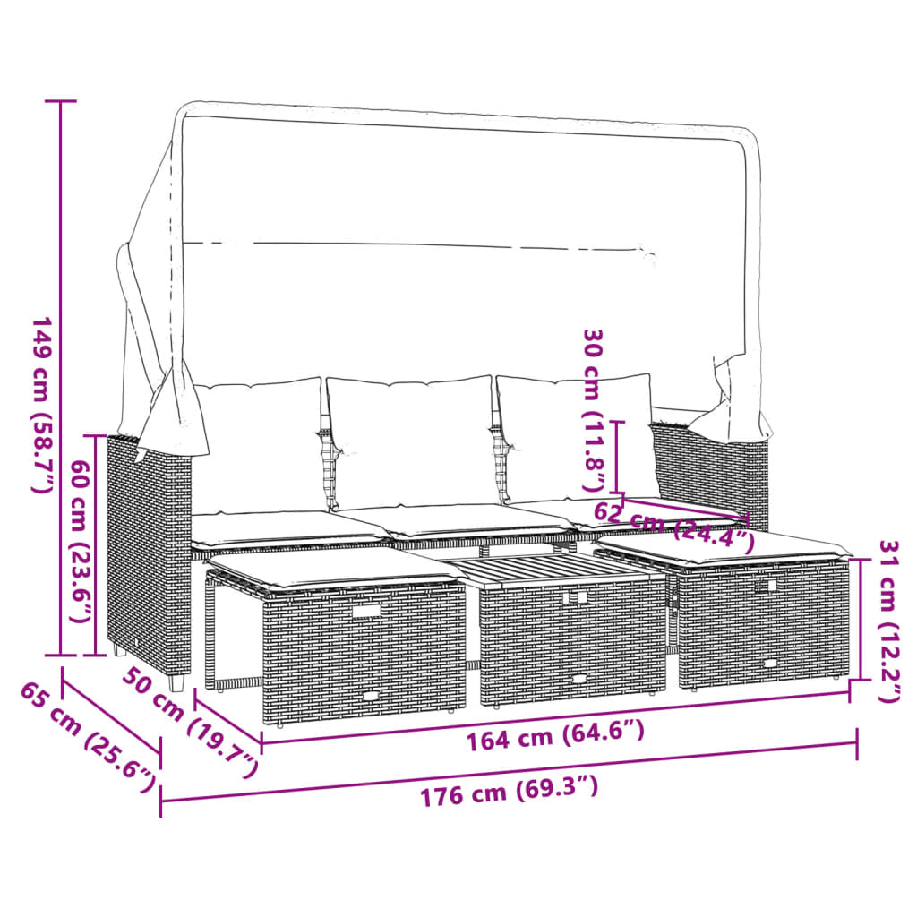 Tuinbank 3-zits met luifel en voetenbanken poly rattan beige is nu te koop bij PeponiXL, paradijselijk wonen!
