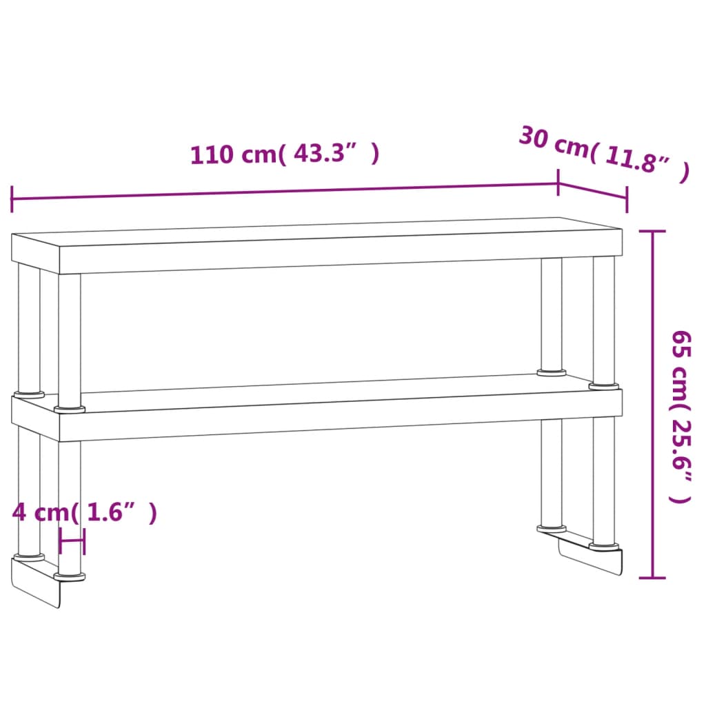 Verhoging voor werktafel 2-laags 110x30x65 cm roestvrij staal is nu te koop bij PeponiXL, paradijselijk wonen!