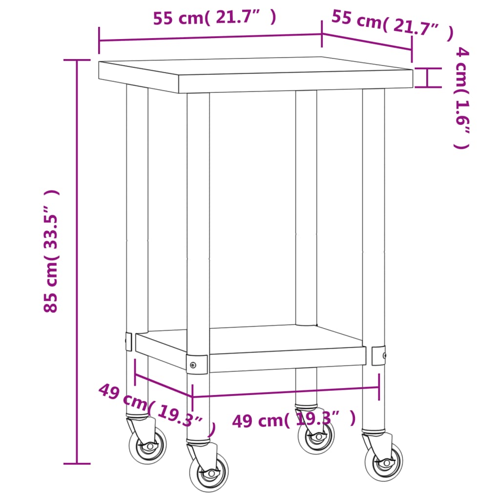 Keukenwerktafel met wielen 55x55x85 cm roestvrij staal is nu te koop bij PeponiXL, paradijselijk wonen!