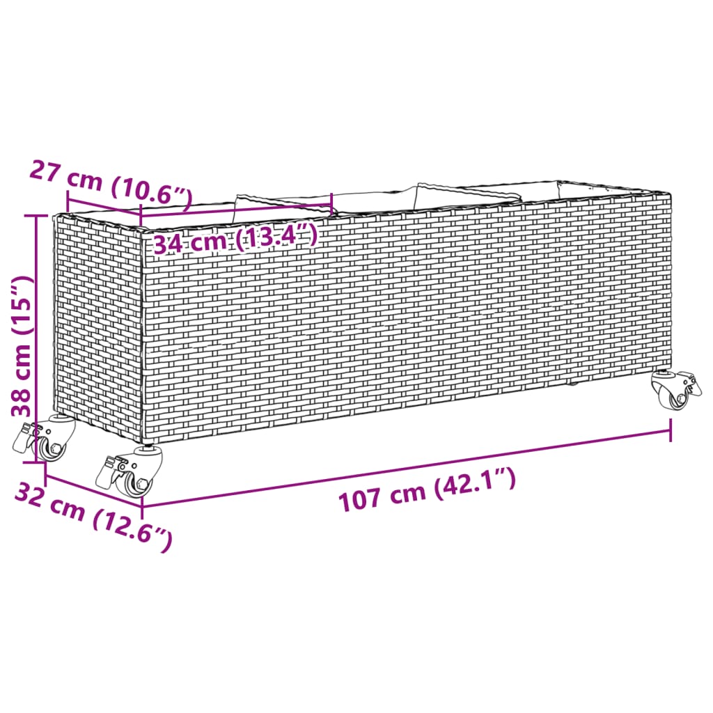 Plantenbak met wielen 3 potten 107x32x38 cm poly rattan zwart is nu te koop bij PeponiXL, paradijselijk wonen!