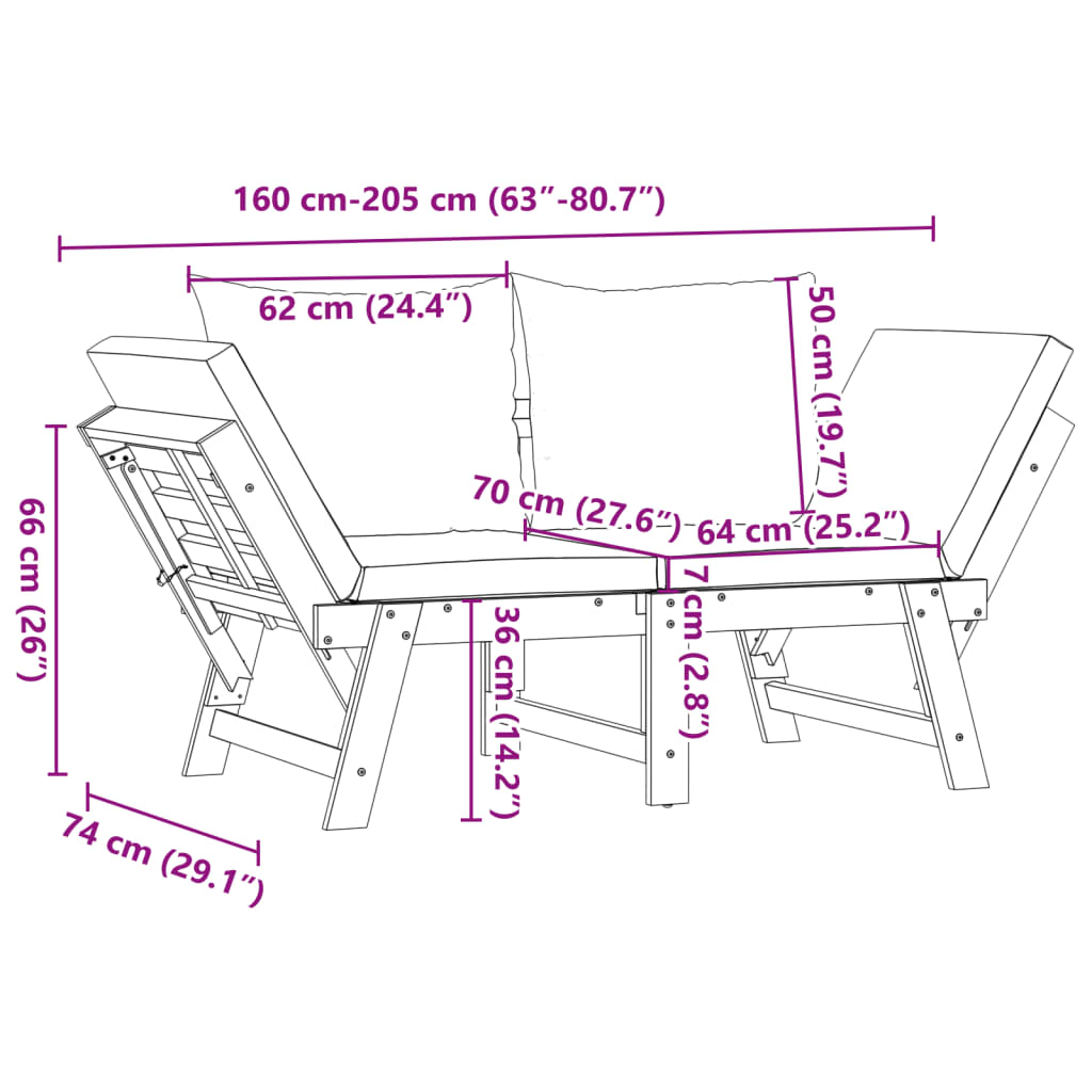 Tuinbank met kussens 2-in-1 massief acaciahout is nu te koop bij PeponiXL, paradijselijk wonen!