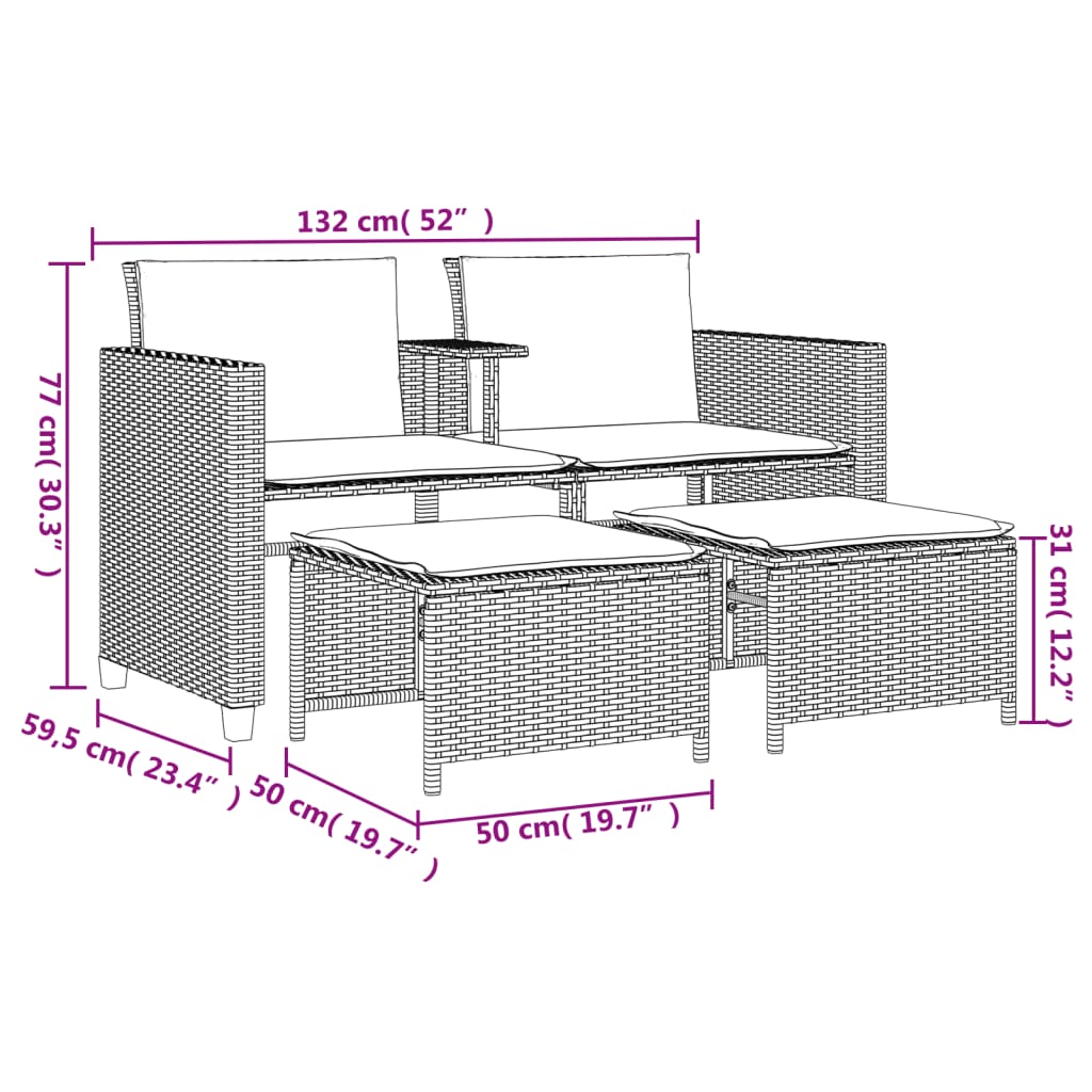 Tuinbank 2-zits tafel en voetenbanken poly rattan lichtgrijs is nu te koop bij PeponiXL, paradijselijk wonen!