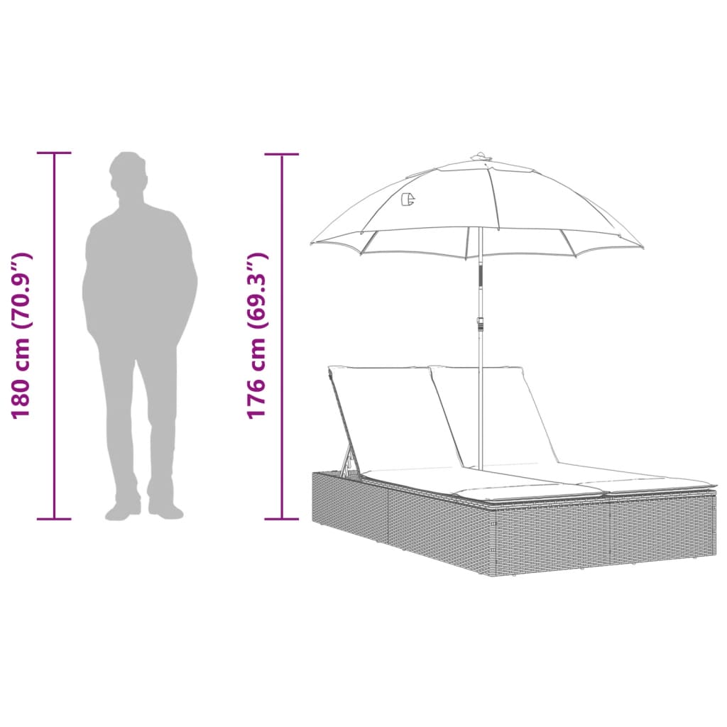 Ligbed 2-persoons met kussens en parasol poly rattan lichtgrijs is nu te koop bij PeponiXL, paradijselijk wonen!