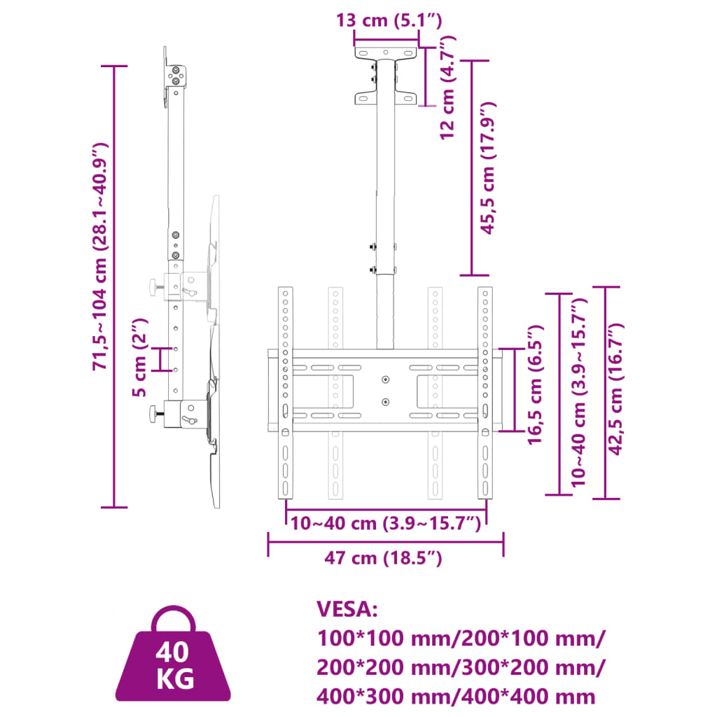 Tv-plafondbeugel 32-65 inch scherm 40 kg Max VESA 400x400 cm is nu te koop bij PeponiXL, paradijselijk wonen!