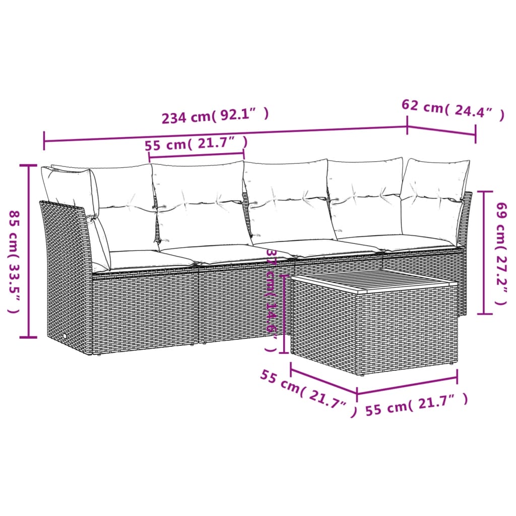 5-delige Loungeset met kussens poly rattan grijs is nu te koop bij PeponiXL, paradijselijk wonen!