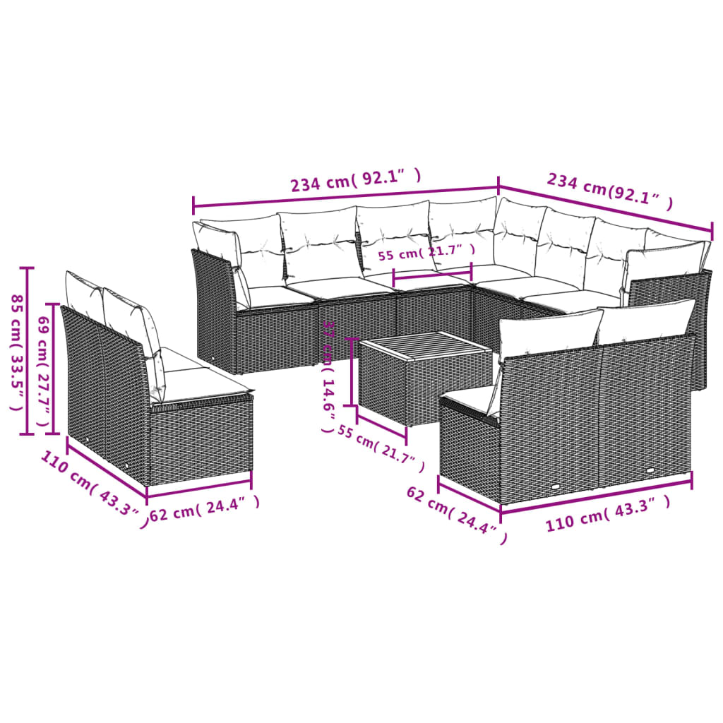 12-delige Loungeset met kussens poly rattan grijs is nu te koop bij PeponiXL, paradijselijk wonen!
