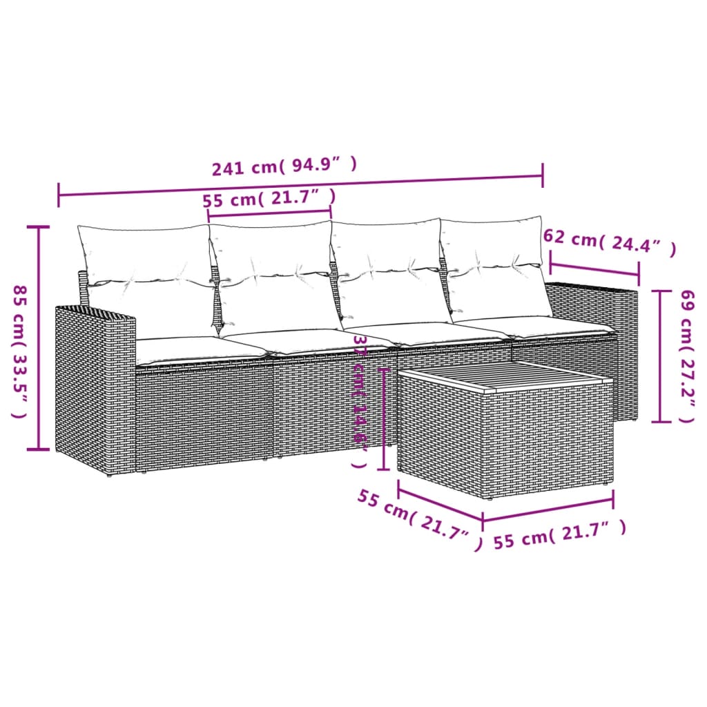 5-delige Loungeset met kussens poly rattan grijs is nu te koop bij PeponiXL, paradijselijk wonen!