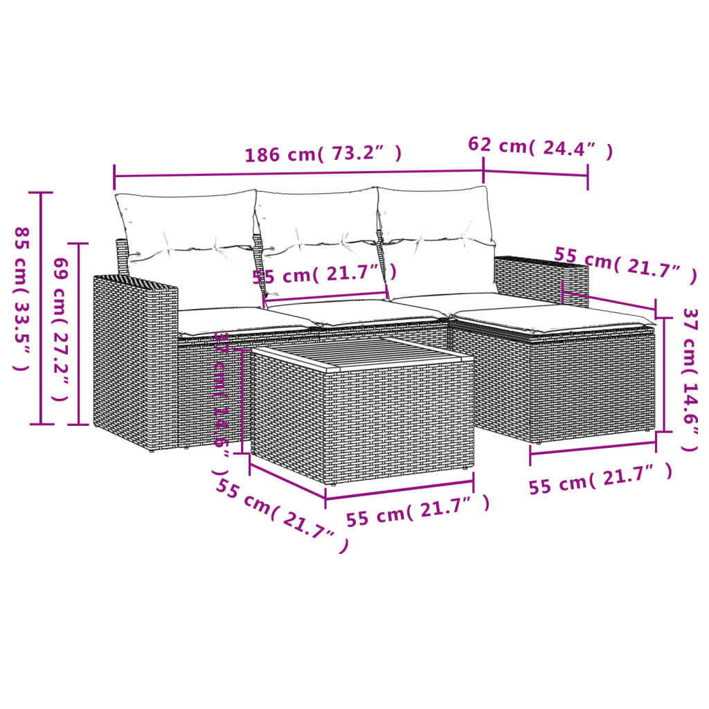 5-delige Loungeset met kussens poly rattan grijs is nu te koop bij PeponiXL, paradijselijk wonen!