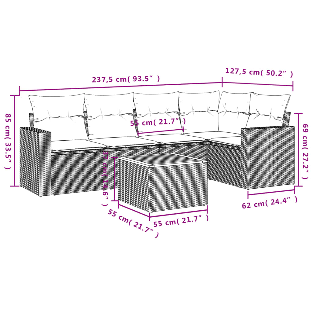 6-delige Loungeset met kussens poly rattan grijs is nu te koop bij PeponiXL, paradijselijk wonen!