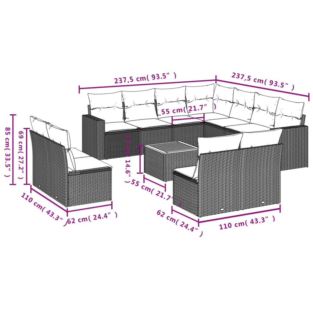 12-delige Loungeset met kussens poly rattan beige is nu te koop bij PeponiXL, paradijselijk wonen!