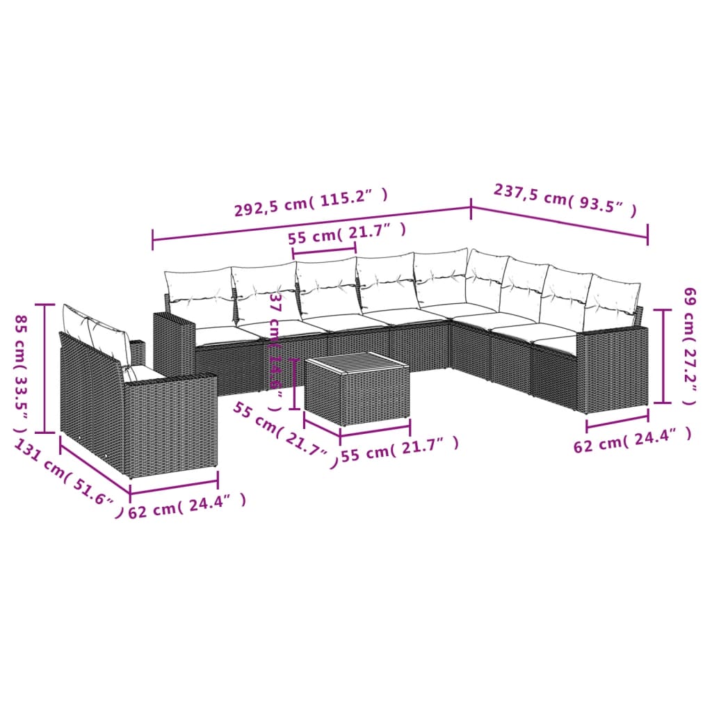 11-delige Loungeset met kussens poly rattan zwart is nu te koop bij PeponiXL, paradijselijk wonen!