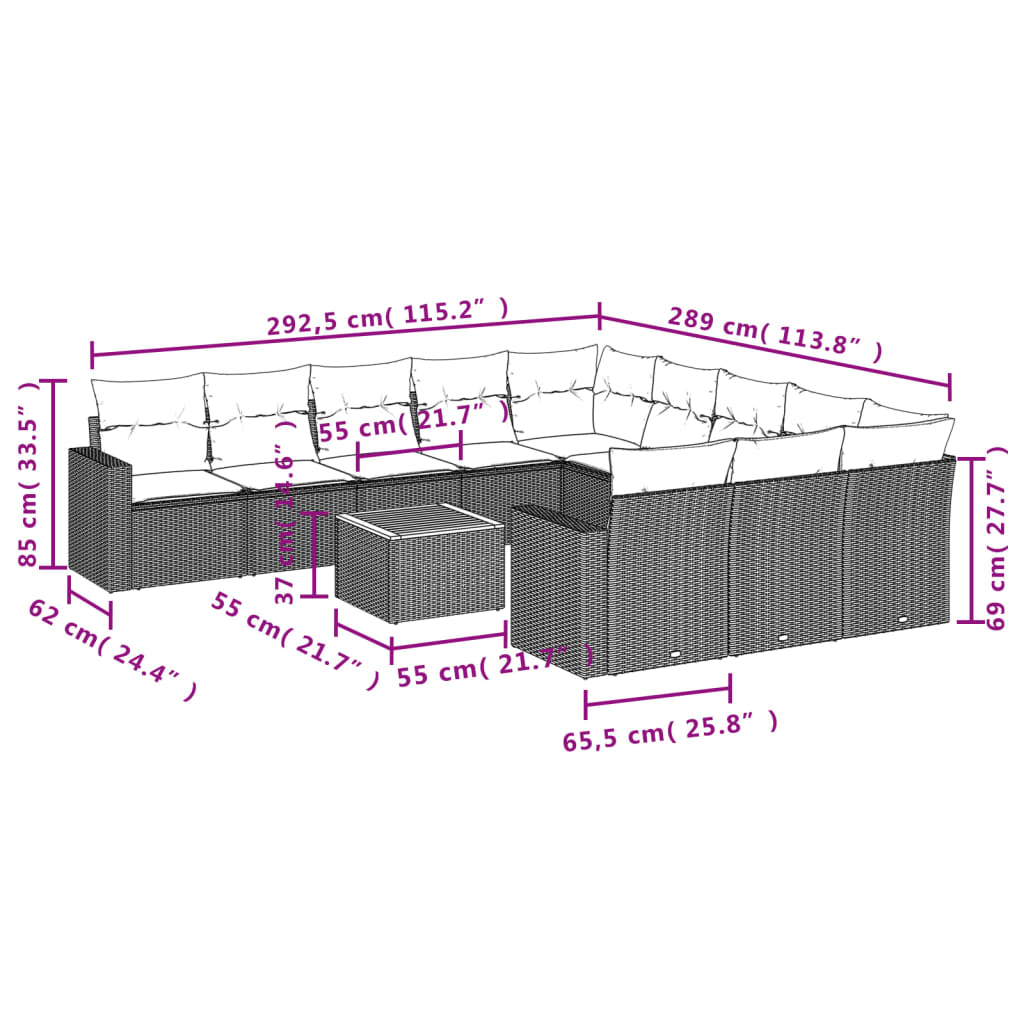 12-delige Loungeset met kussens poly rattan zwart