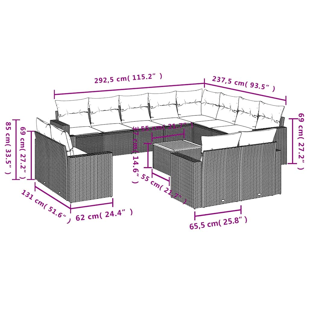 13-delige Loungeset met kussens poly rattan zwart