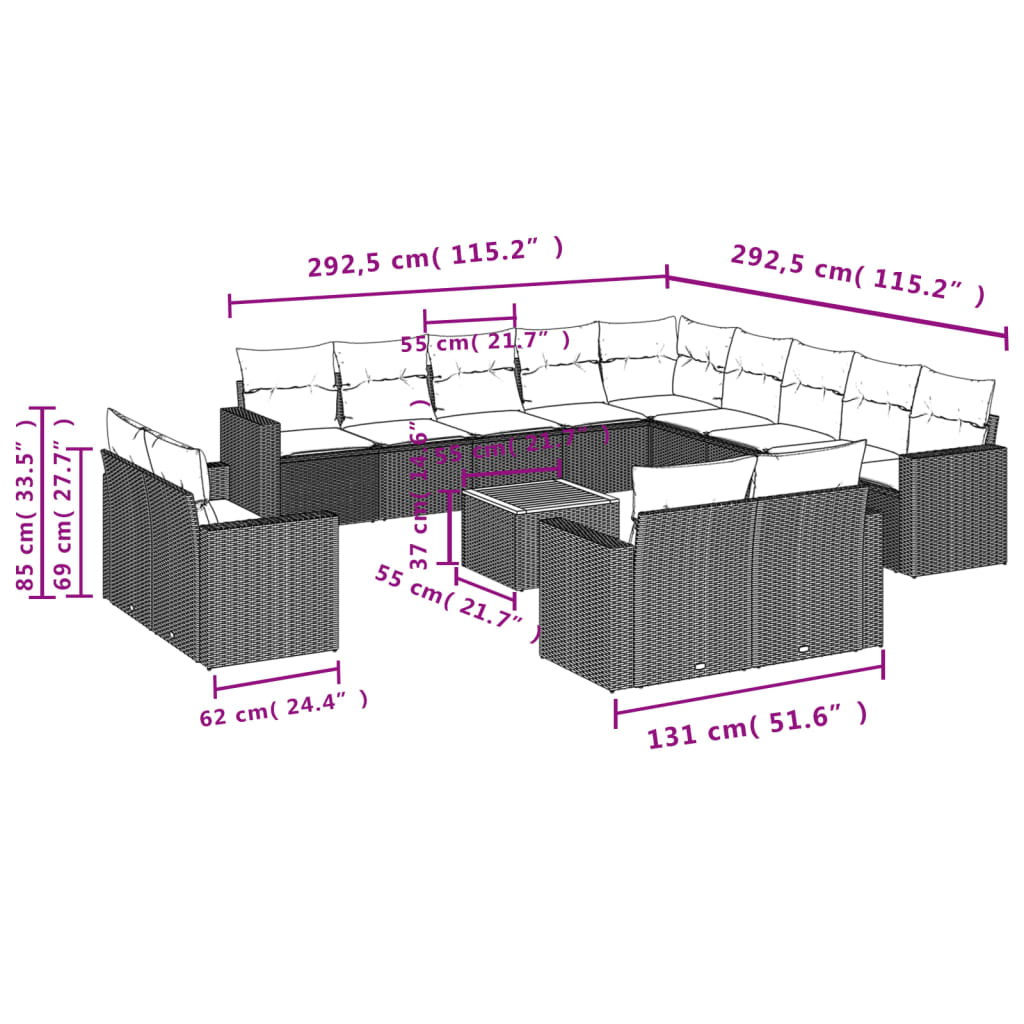 14-delige Loungeset met kussens poly rattan zwart