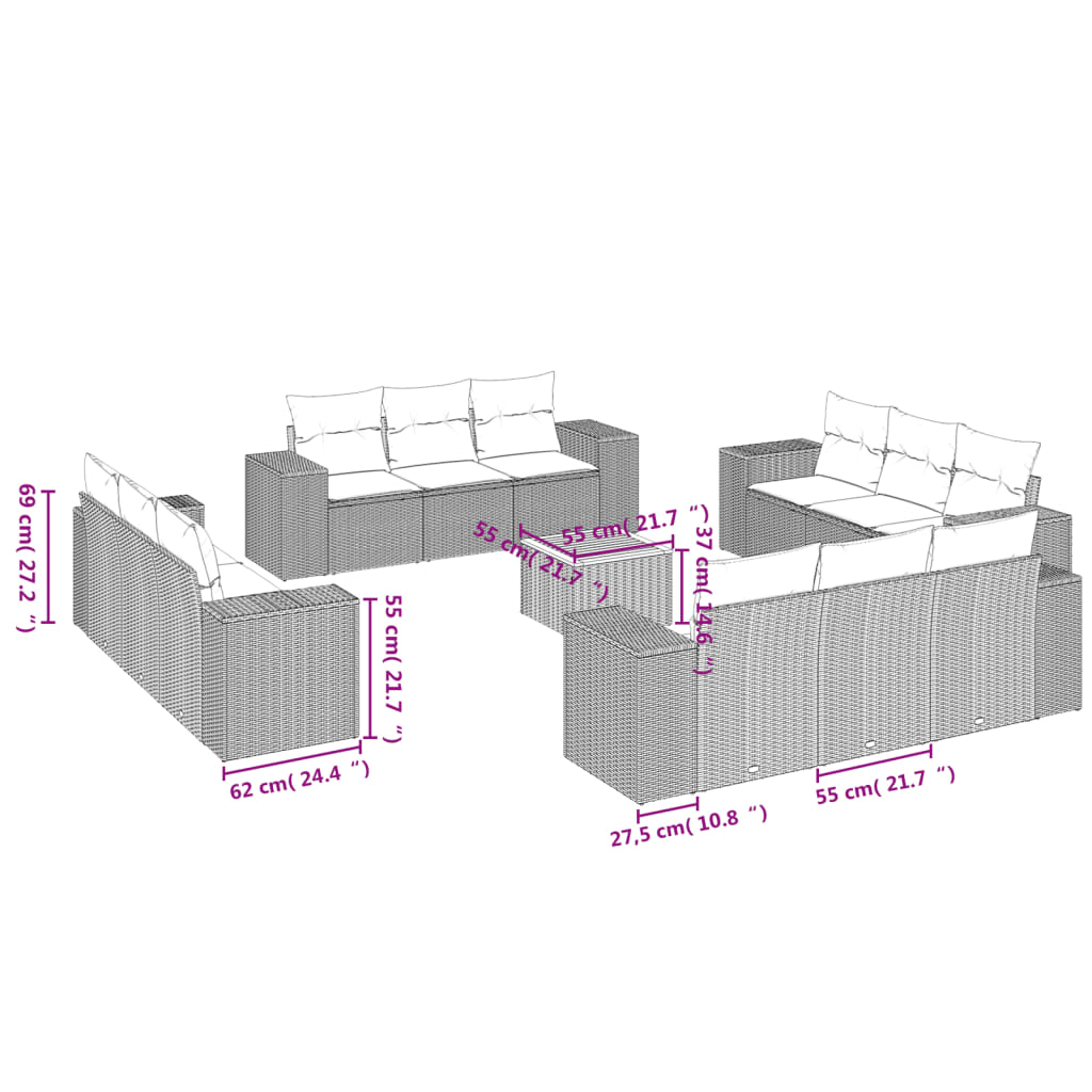 13-delige Loungeset met kussens poly rattan grijs is nu te koop bij PeponiXL, paradijselijk wonen!