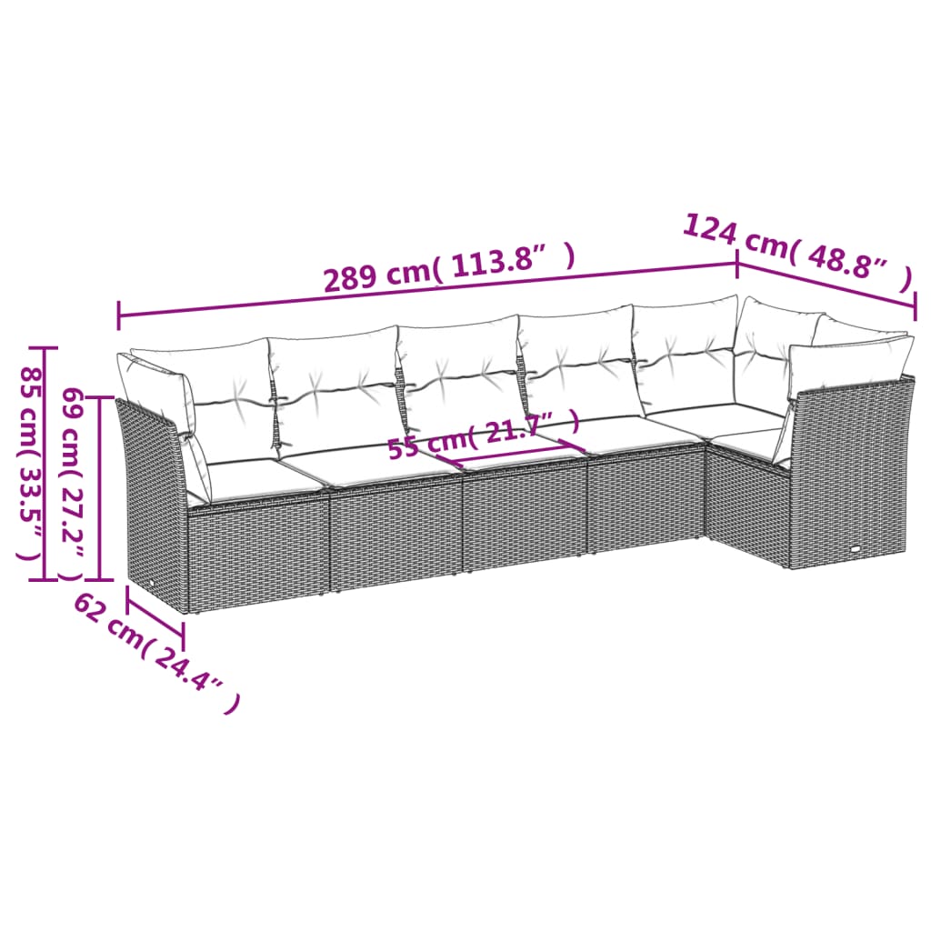 6-delige Loungeset met kussens poly rattan beige