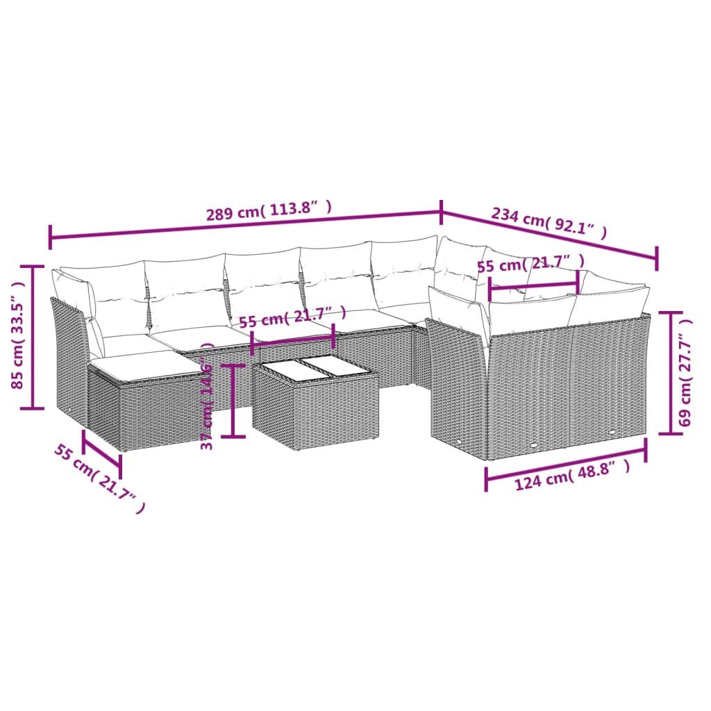 11-delige Tuinset met kussens poly rattan beige