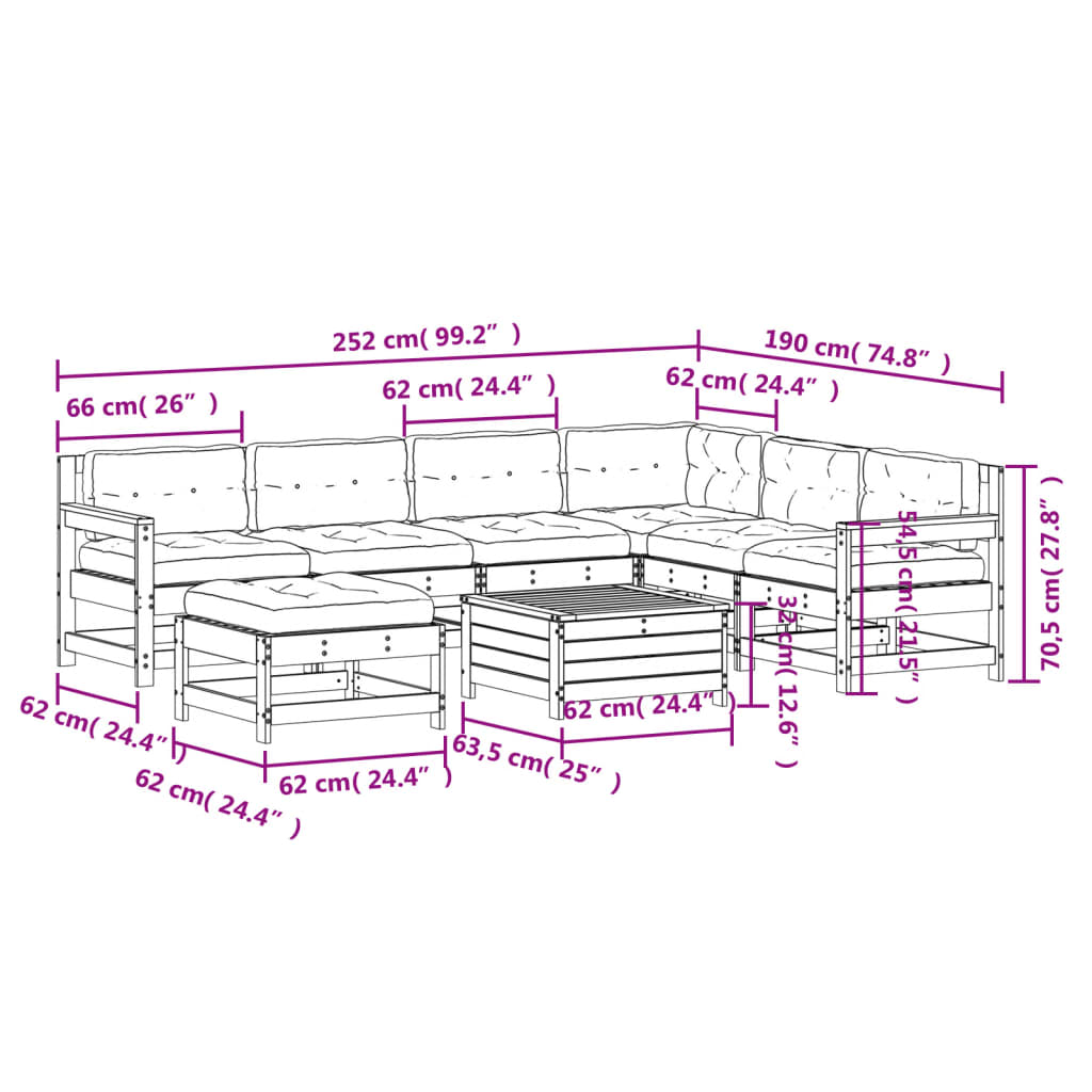 8-delige Loungeset met kussens massief grenenhout wit
