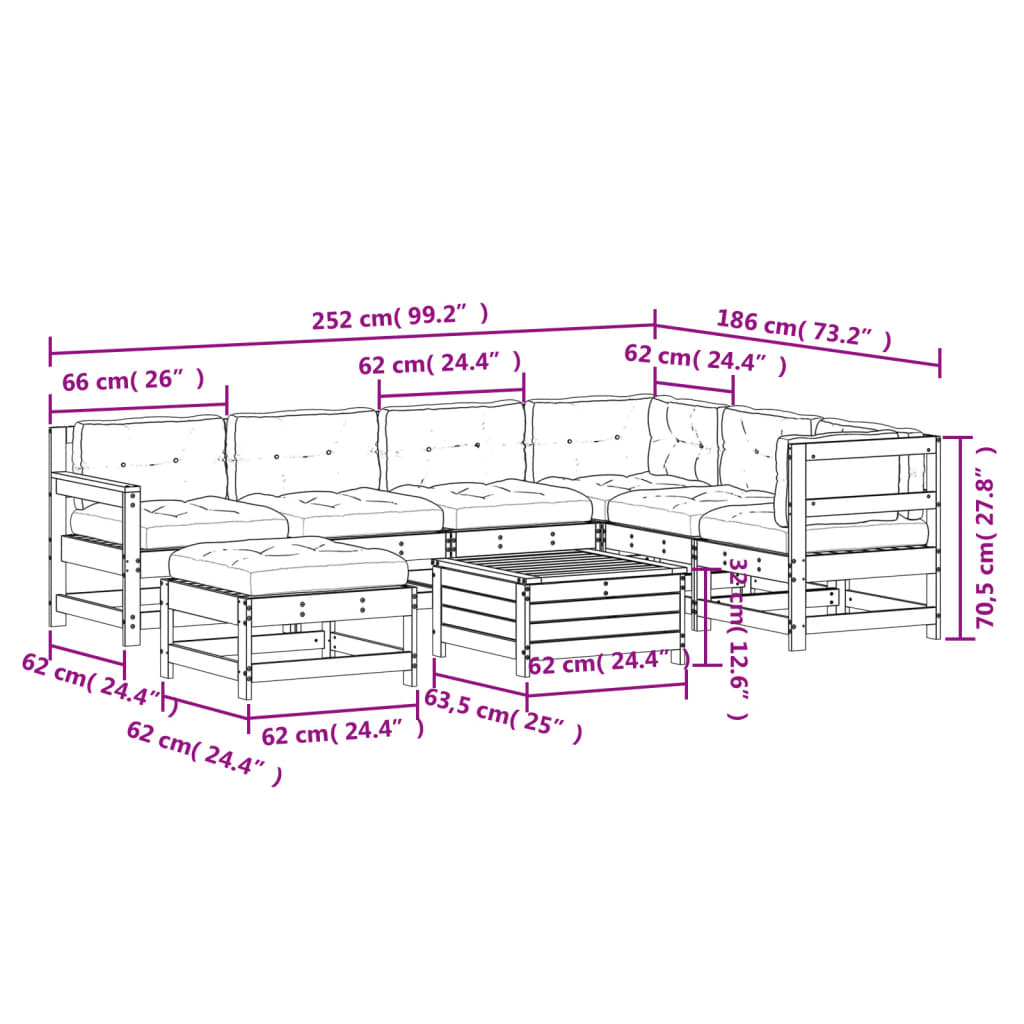 8-delige Loungeset met kussens massief grenenhout wit