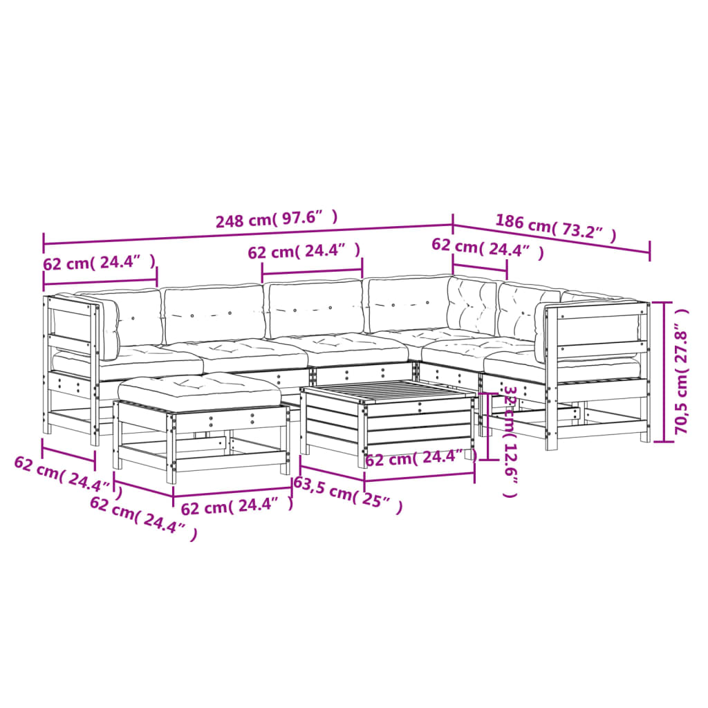 8-delige Loungeset met kussens massief grenenhout wit