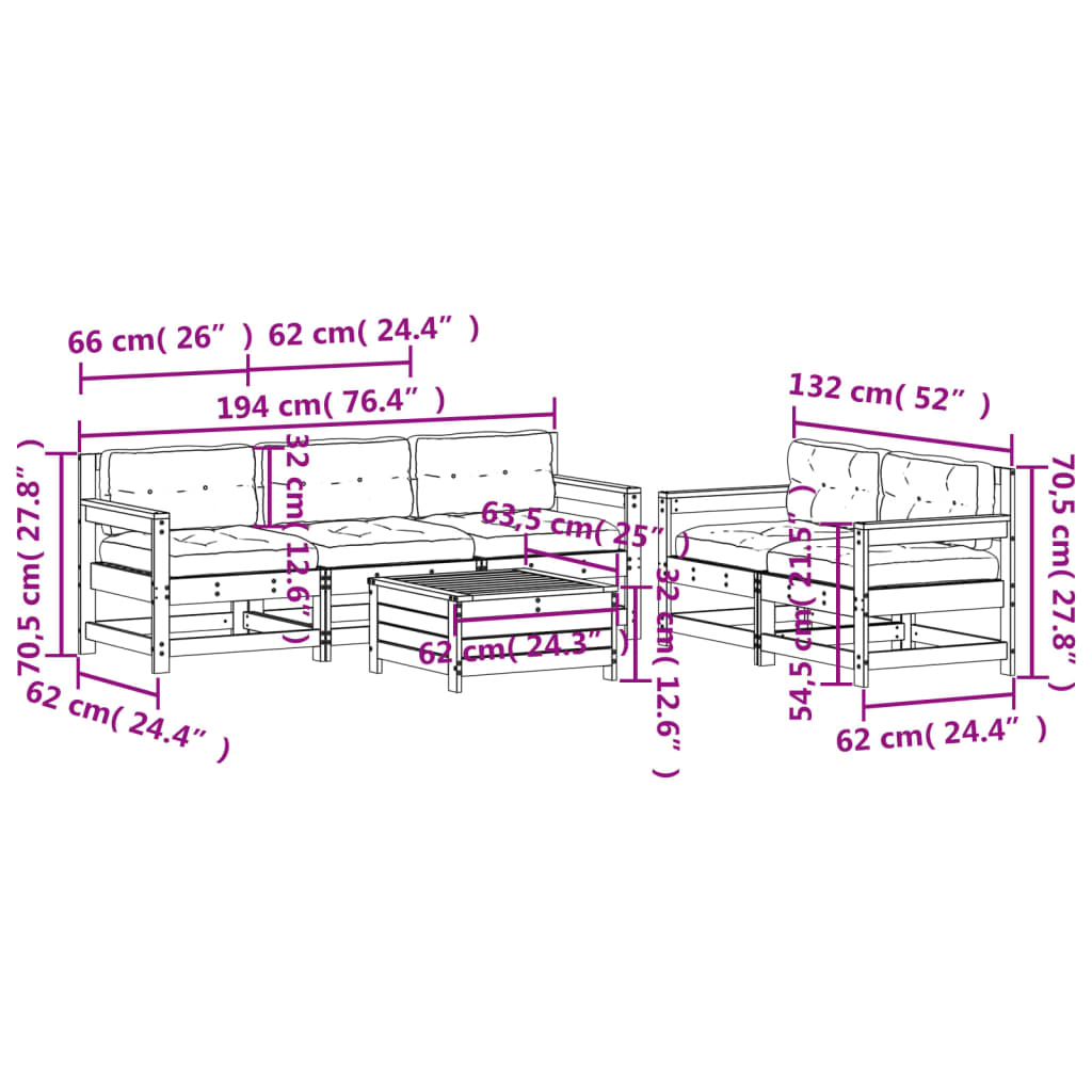 6-delige Loungeset met kussens massief grenenhout wit