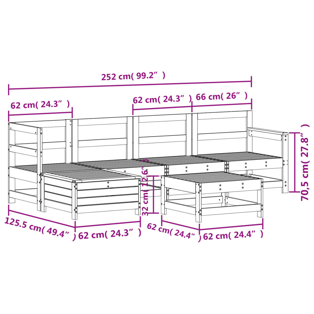 6-delige Loungeset massief grenenhout wit
