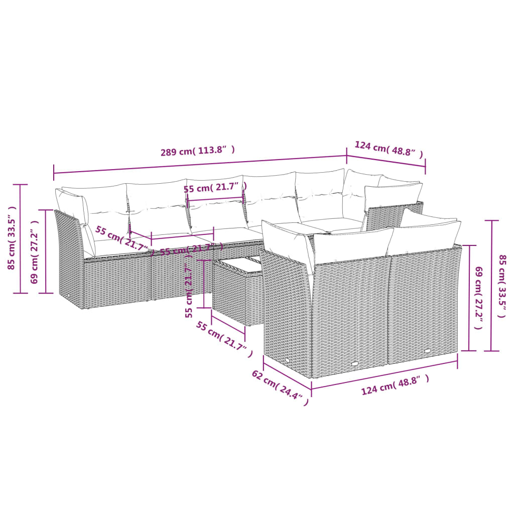 9-delige Loungeset met kussens poly rattan grijs is nu te koop bij PeponiXL, paradijselijk wonen!