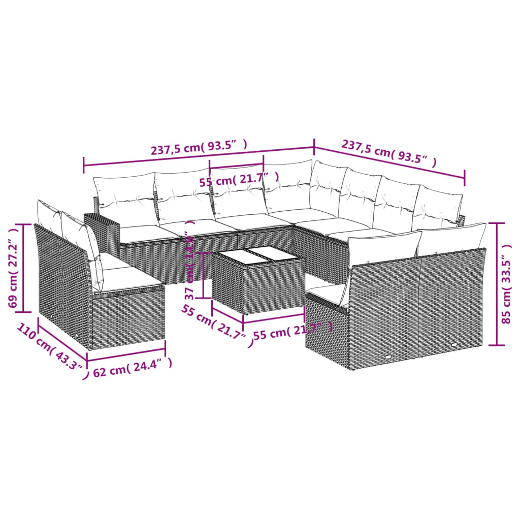 12-delige Loungeset met kussens poly rattan bruin is nu te koop bij PeponiXL, paradijselijk wonen!