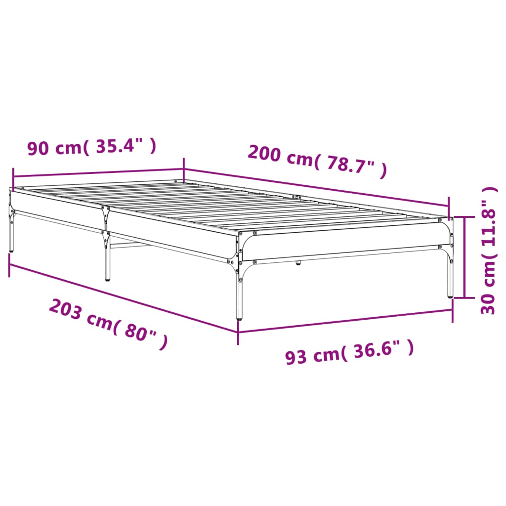 Bedframe bewerkt hout en metaal sonoma eikenkleurig 90x200 cm is nu te koop bij PeponiXL, paradijselijk wonen!