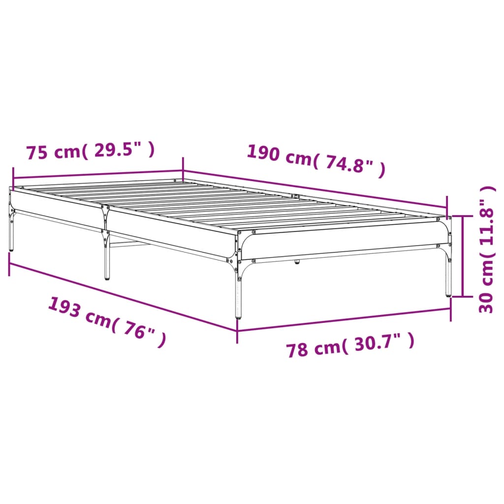 Bedframe bewerkt hout en metaal grijs sonoma eiken 75x190 cm is nu te koop bij PeponiXL, paradijselijk wonen!