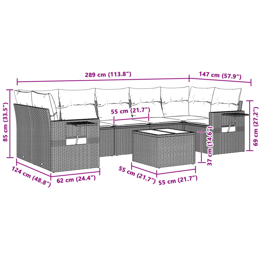 8-delige Loungeset met kussens poly rattan lichtgrijs