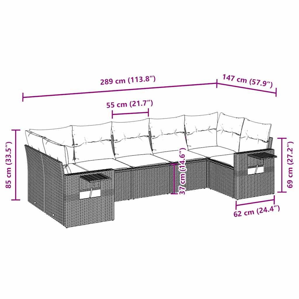 7-delige Loungeset met kussens poly rattan lichtgrijs
