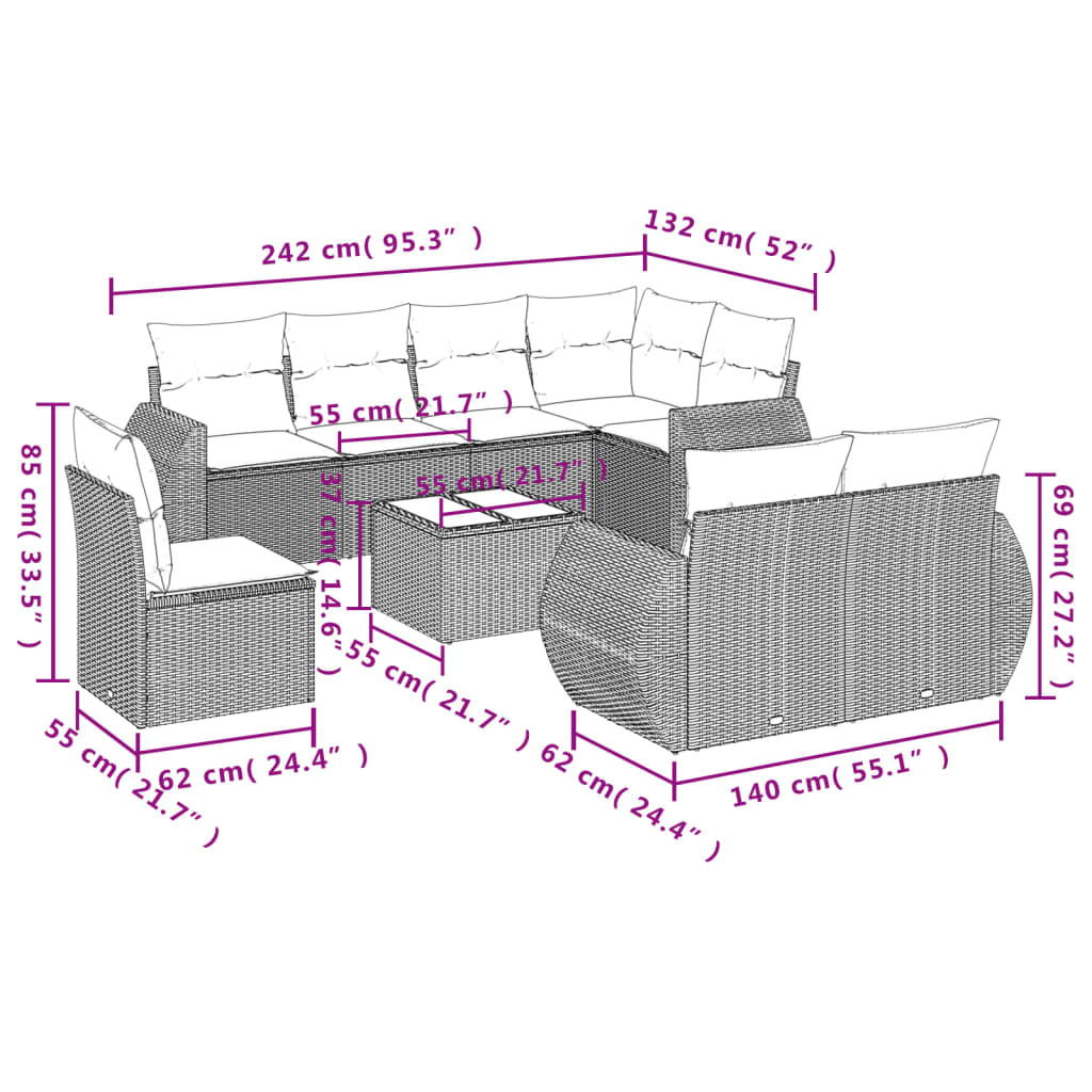 9-delige Loungeset met kussens poly rattan bruin is nu te koop bij PeponiXL, paradijselijk wonen!