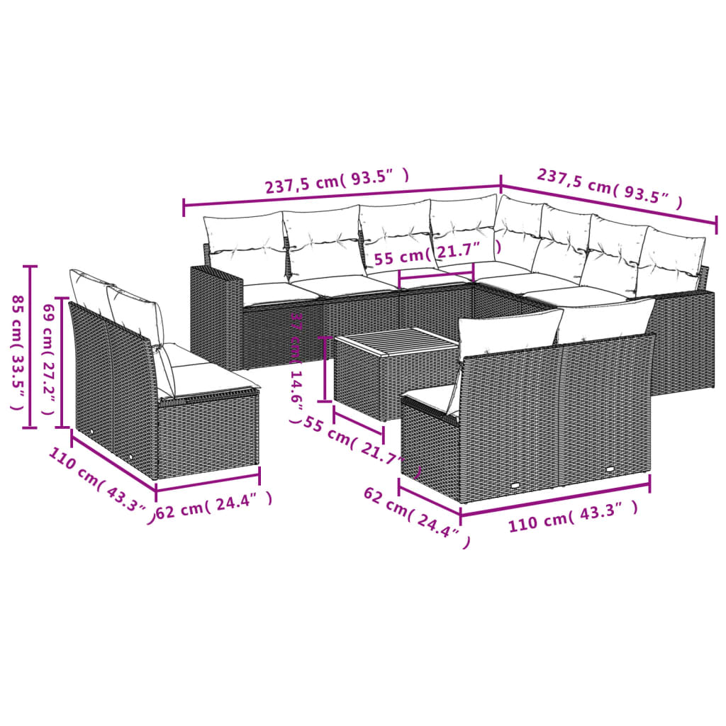 12-delige Loungeset met kussens poly rattan zwart is nu te koop bij PeponiXL, paradijselijk wonen!