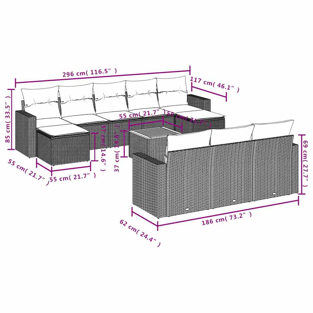 11-delige tuinbankset met kussens, grijs polyrotan is nu te koop bij PeponiXL, paradijselijk wonen!