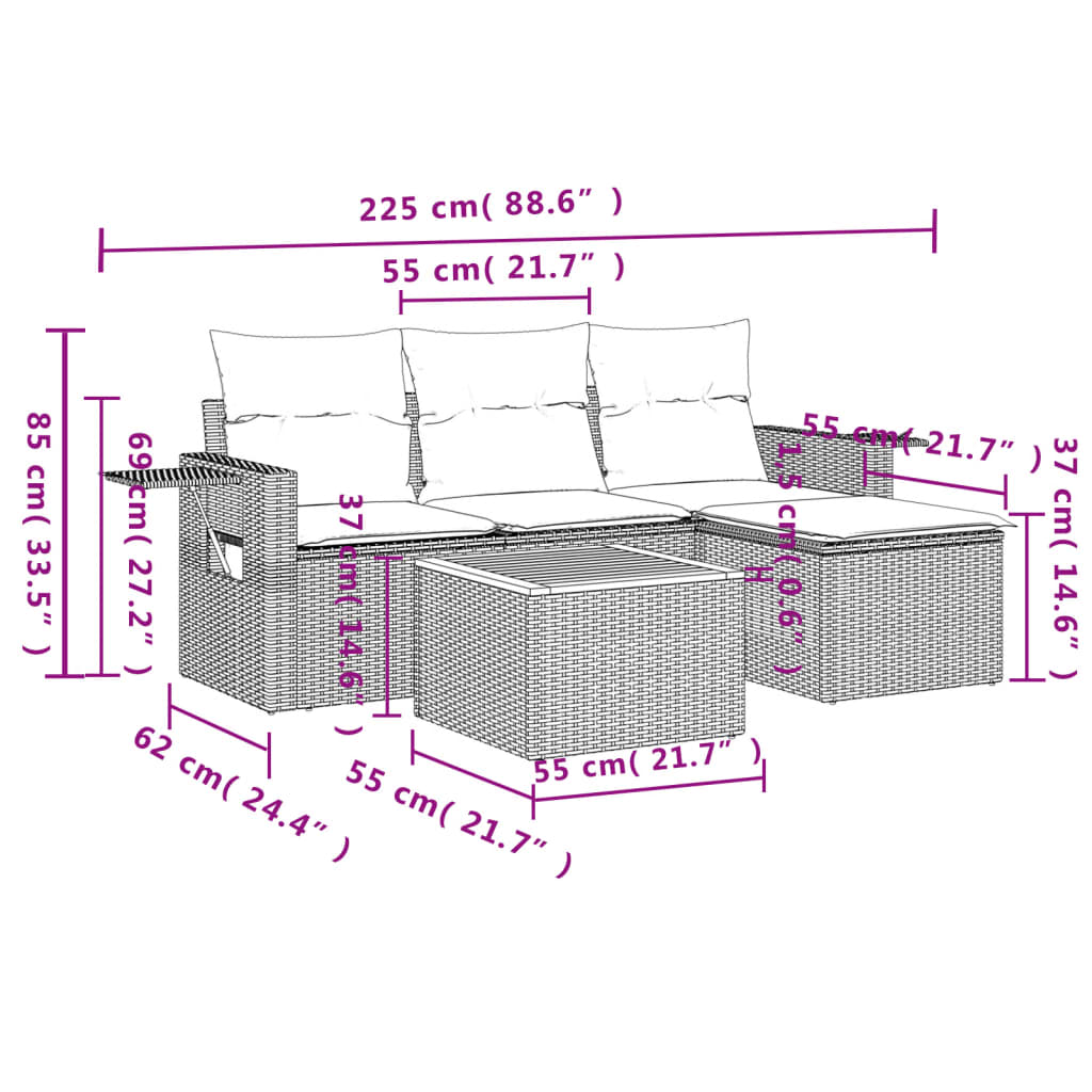 5-delige Loungeset met kussens poly rattan grijs is nu te koop bij PeponiXL, paradijselijk wonen!