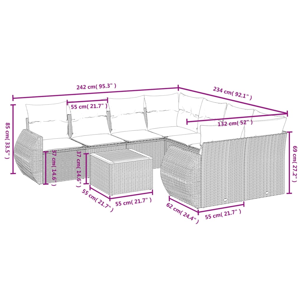 9-delige Loungeset met kussens poly rattan grijs is nu te koop bij PeponiXL, paradijselijk wonen!