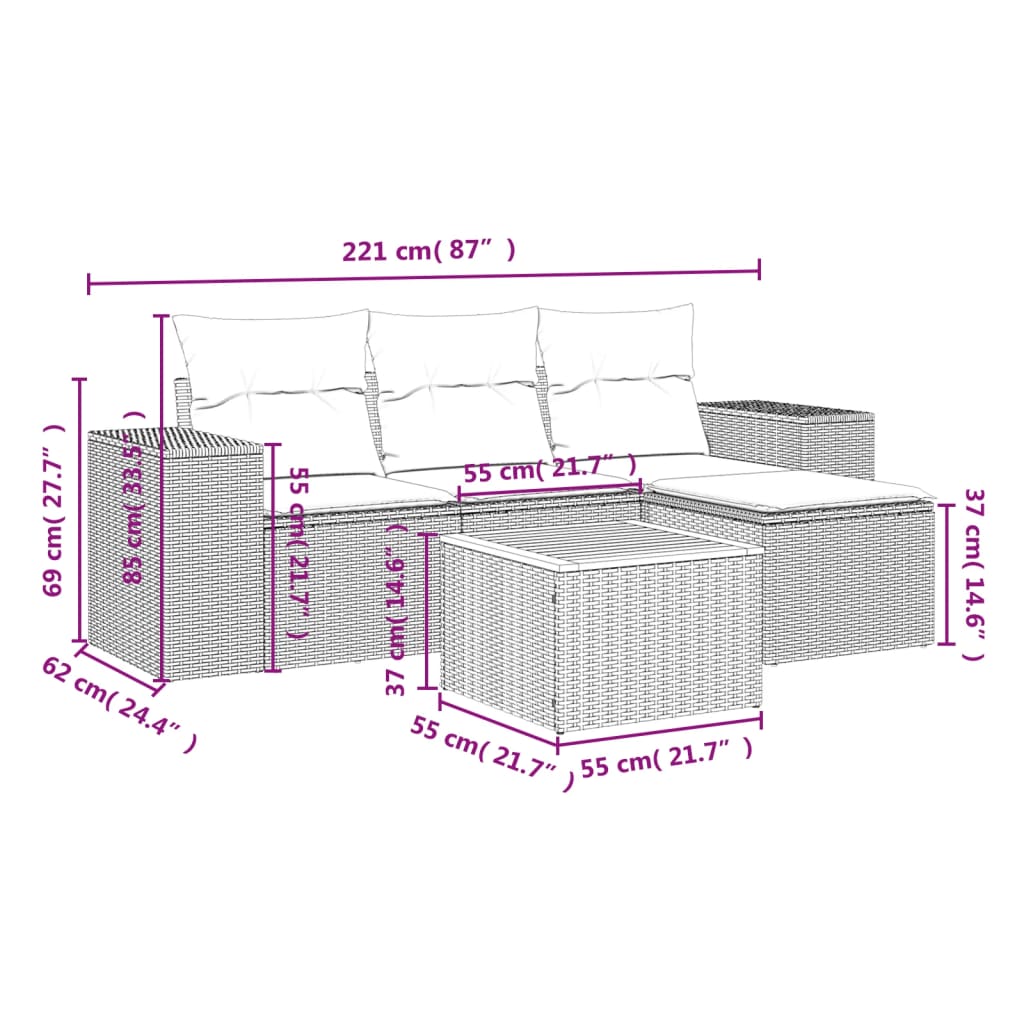 5-delige Loungeset met kussens poly rattan zwart is nu te koop bij PeponiXL, paradijselijk wonen!