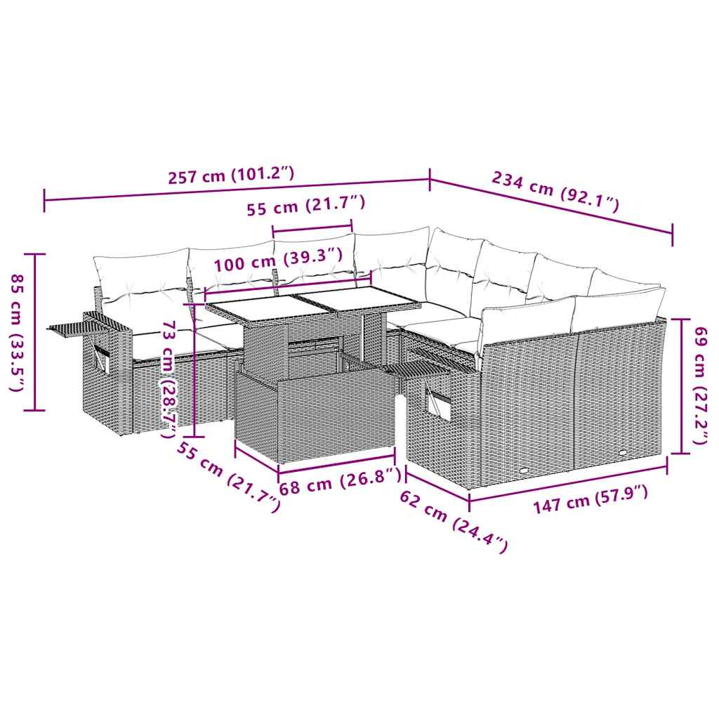 9-delige tuinbankset met kussens, grijs polyrotan is nu te koop bij PeponiXL, paradijselijk wonen!