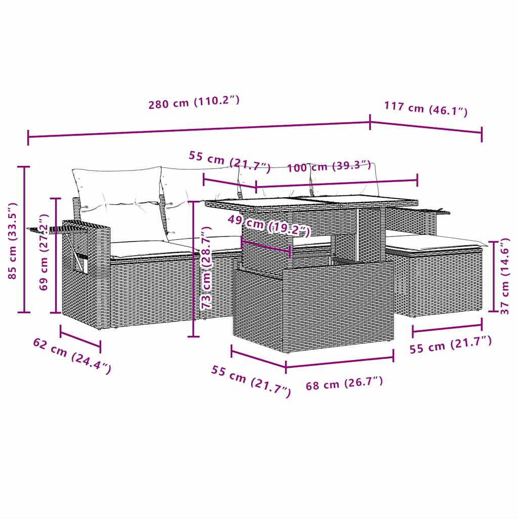 6-delige tuinbankset met kussens van zwart polyrotan is nu te koop bij PeponiXL, paradijselijk wonen!