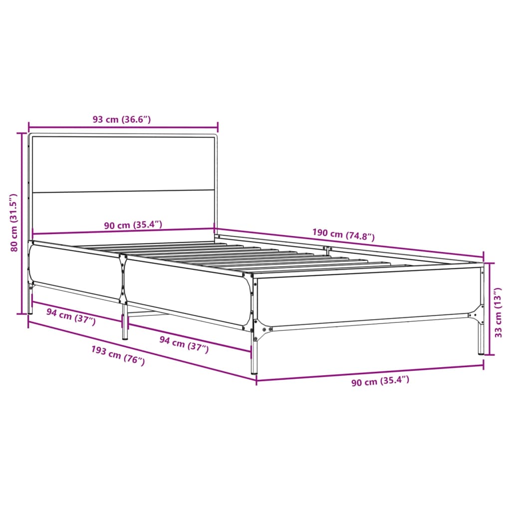 Bedframe bewerkt hout en metaal sonoma eikenkleurig 90x190 cm is nu te koop bij PeponiXL, paradijselijk wonen!