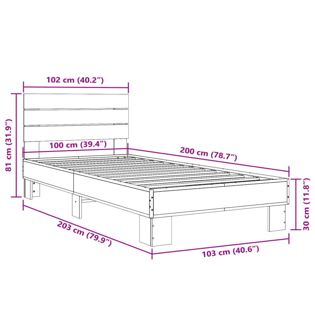 Bedframe bewerkt hout en metaal gerookt eikenkleurig 100x200 cm is nu te koop bij PeponiXL, paradijselijk wonen!